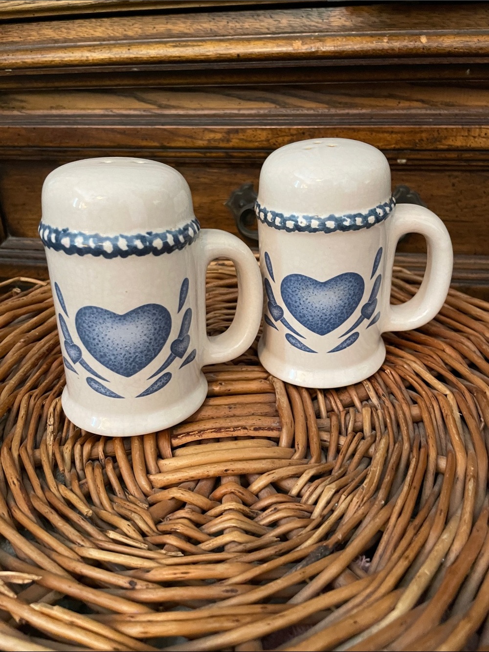 Vintage Farmhouse Cottagecore Blue Heart Ceramic Salt and Pepper Shaker Mugs